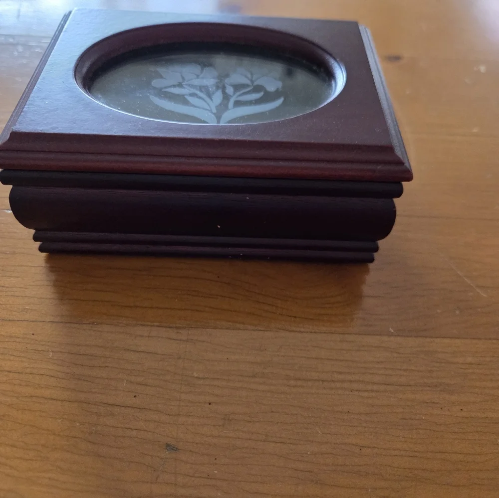 Small Wood Jewelry Box Glass Oval With Etched Flower Top
